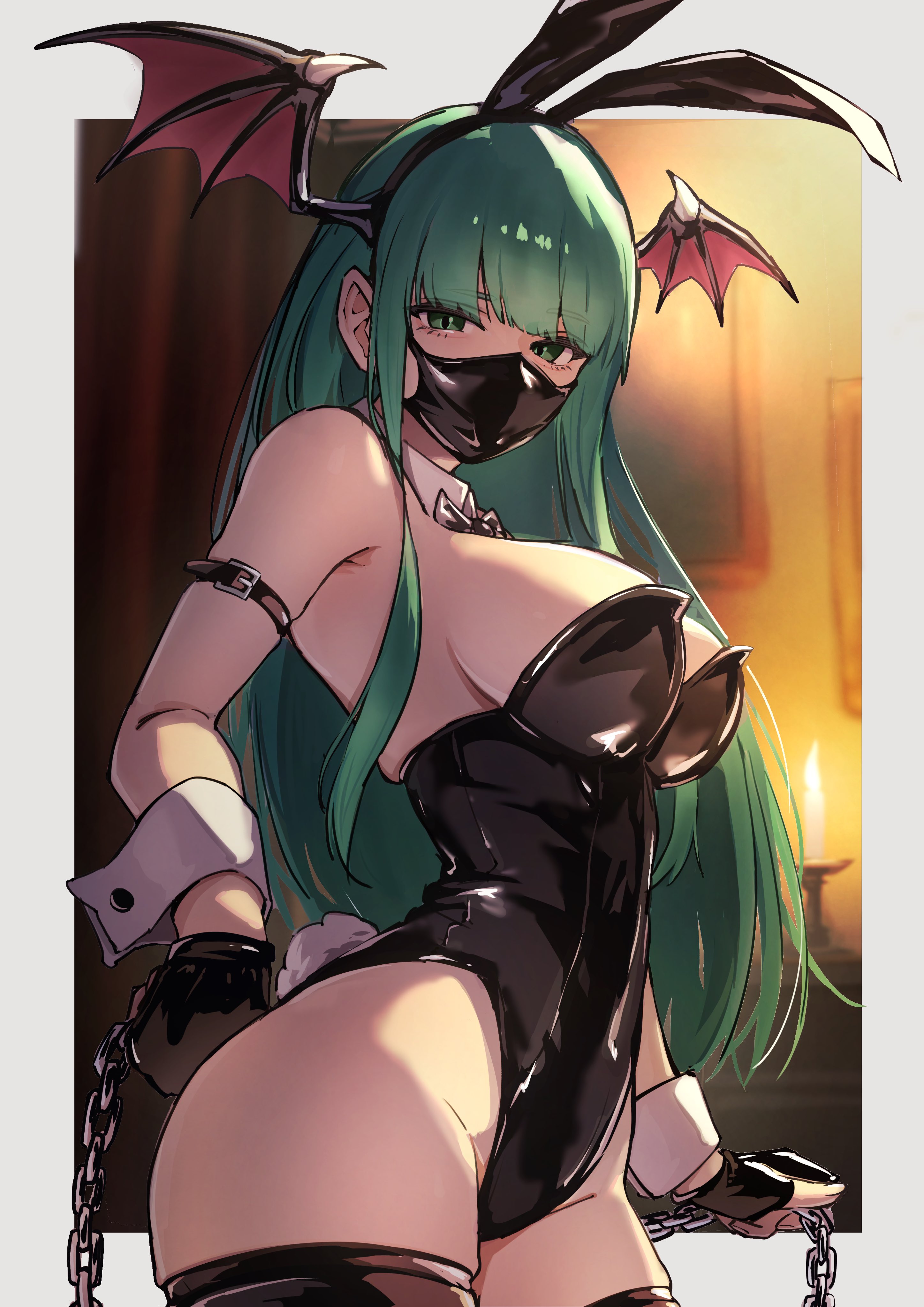 ap cammy, morrigan aensland, darkstalkers, absurdres, commentary, highres, revision, 1girl, animal ears, bare shoulders, black gloves, black leotard, black thighhighs, border, breasts, chain, cleavage, cowboy shot, fake animal ears, fake tail, fingerless gloves, gloves, green eyes, green hair, holding, holding chain, indoors, large breasts, leotard, long hair, mask, mouth mask, playboy bunny, rabbit ears, rabbit tail, solo, strapless, strapless leotard, tail, thighhighs, white border, wrist cuffs