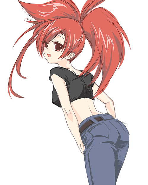 saotome minami, flannery (pokemon), nintendo, pokemon, pokemon rse, bad id, bad pixiv id, 00s, 1girl, babydoll t-shirt, belt, crop top, denim, female focus, gym leader, jeans, looking back, midriff, pants, ponytail, red eyes, red hair, shirt, simple background, smile, solo, t-shirt, twintails, white background
