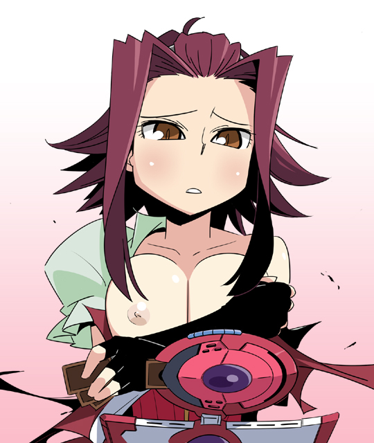 ukitanisu, izayoi aki, yu-gi-oh!, yu-gi-oh! 5d's, 00s, 1girl, armor, bare shoulders, black dress, blush, breasts, brown eyes, card, cleavage, collarbone, crossed arms, dress, duel disk, female focus, holding, holding card, large breasts, looking at viewer, parted bangs, pile of cards, puffy sleeves, red hair, shoulder pads, solo, strapless, strapless dress, undressing, upper body, yu-gi-oh (card)
