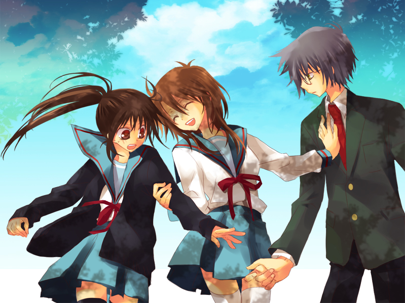 natsume (1-pico), koizumi itsuki, koizumi itsuki (female), kyon, kyonko, nagato yuki, nagato yuuki, suzumiya haruhi no yuuutsu, 00s, 1boy, 2girls, brown hair, genderswap, genderswap (ftm), genderswap (mtf), glasses, long hair, multiple girls, ponytail, school uniform, serafuku, thighhighs