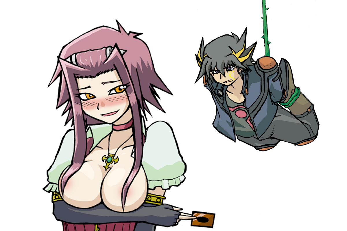 fudo yusei, izayoi aki, yu-gi-oh!, yu-gi-oh! 5d's, 00s, 1boy, 1girl, bdsm, black hair, blush, bondage, bound, breasts, card, choker, elbow gloves, facial mark, fingerless gloves, gloves, holding, holding card, jewelry, large breasts, multicolored hair, necklace, red hair, short hair, streaked hair, topless female, yellow eyes, yu-gi-oh (card)