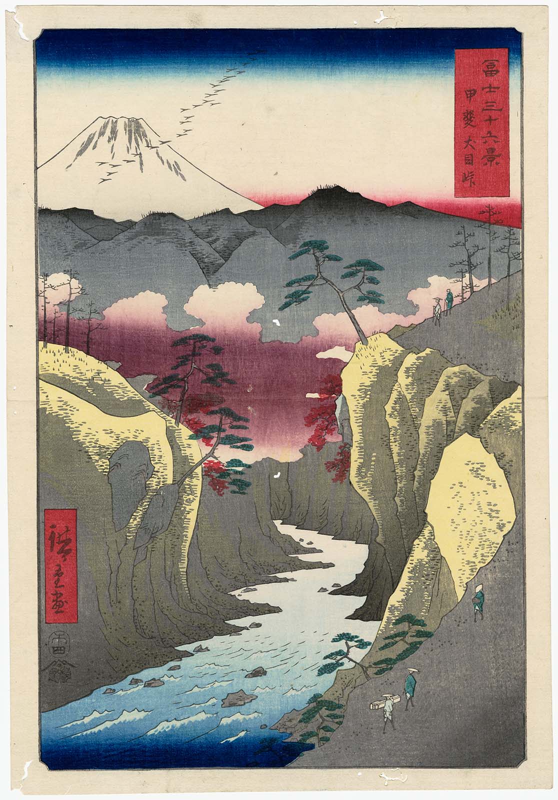 ando hiroshige, thirty-six views of mount fuji (hiroshige), highres, traditional media, translation request, 19th century, 5boys, bird, blue sky, boulder, carrying over shoulder, cliff, cloud, facing away, fine art parody, flock, gradient sky, hat, japan, japanese clothes, kimono, mount fuji, mountain, multiple boys, nihonga, outdoors, parody, red leaf, red sky, river, scenery, sky, straw hat, tree, ukiyo-e, volcano, walking, water, white sky