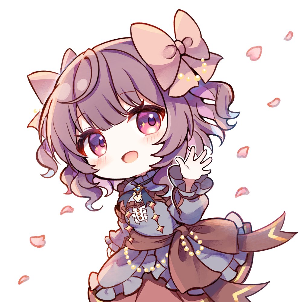 sekisei (superego51), stardust virtual studio, 1girl, bow, brown hair, chibi, dress, grey dress, hair bow, irose rima, open mouth, petals, purple eyes, smile, virtual graduation commemoration, virtual youtuber