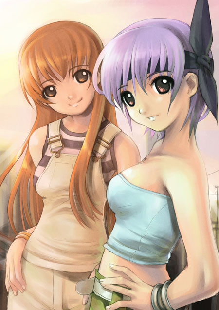 mikazuki akira!, ayane (doa), kasumi (doa), dead or alive, tecmo, 2girls, bare shoulders, brown eyes, brown hair, headband, long hair, multiple girls, overalls, purple hair, red eyes, short hair, siblings, sisters, smile