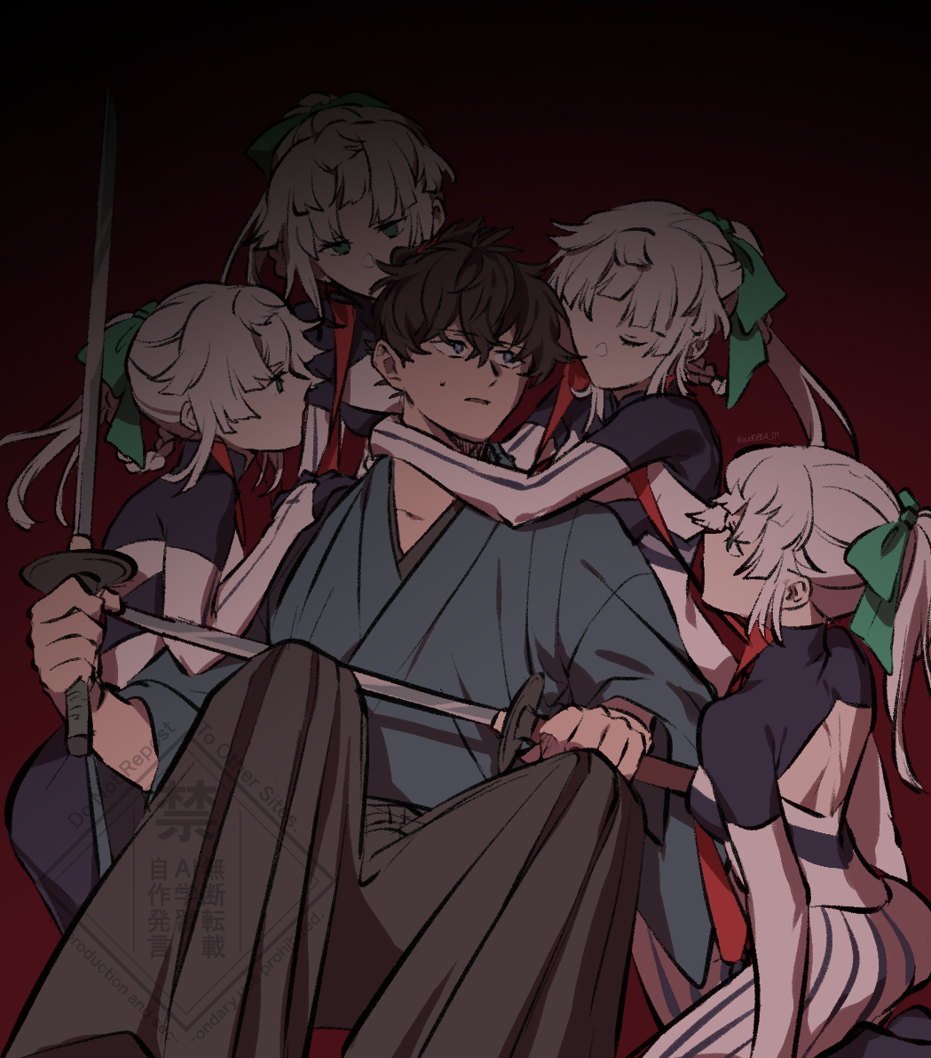 miyamoto iori (fate), yui shousetsu (fate), yui shousetsu (first ascension) (fate), fate/grand order, fate (series), 1boy, 4girls, armpit cutout, aud0854 01, back cutout, black bodysuit, black hair, black hakama, bodysuit, bow, braid, braided hair rings, clone, clone harem, clothing cutout, collared bodysuit, dual wielding, eigetsu kenbuu chou, green bow, green kimono, hair bow, hair rings, hakama, holding, hug, japanese clothes, kimono, kishimen hair, multiple girls, striped bodysuit, topknot, turtleneck, turtleneck bodysuit, two-tone bodysuit, white bodysuit, white hair