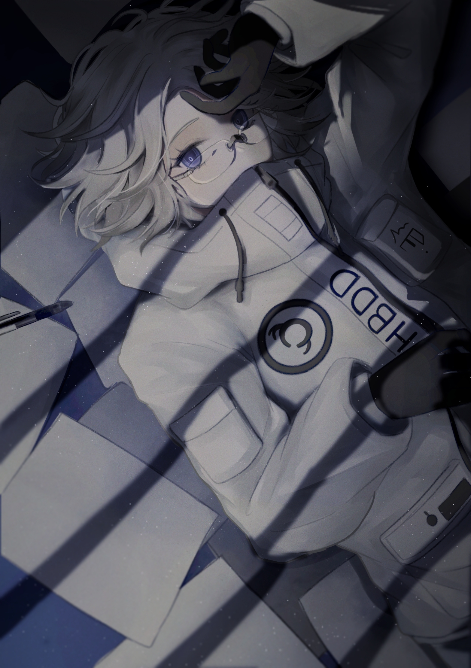 boombi, aotsuki eito, the hundred line -last defense academy-, chinese commentary, commentary request, highres, 1boy, arm up, black gloves, breast pocket, covered mouth, drawstring, glasses, gloves, grey hair, indoors, jacket, looking at viewer, lying, male focus, on back, on floor, paper, pen, pocket, purple eyes, short hair, solo, white jacket, window light