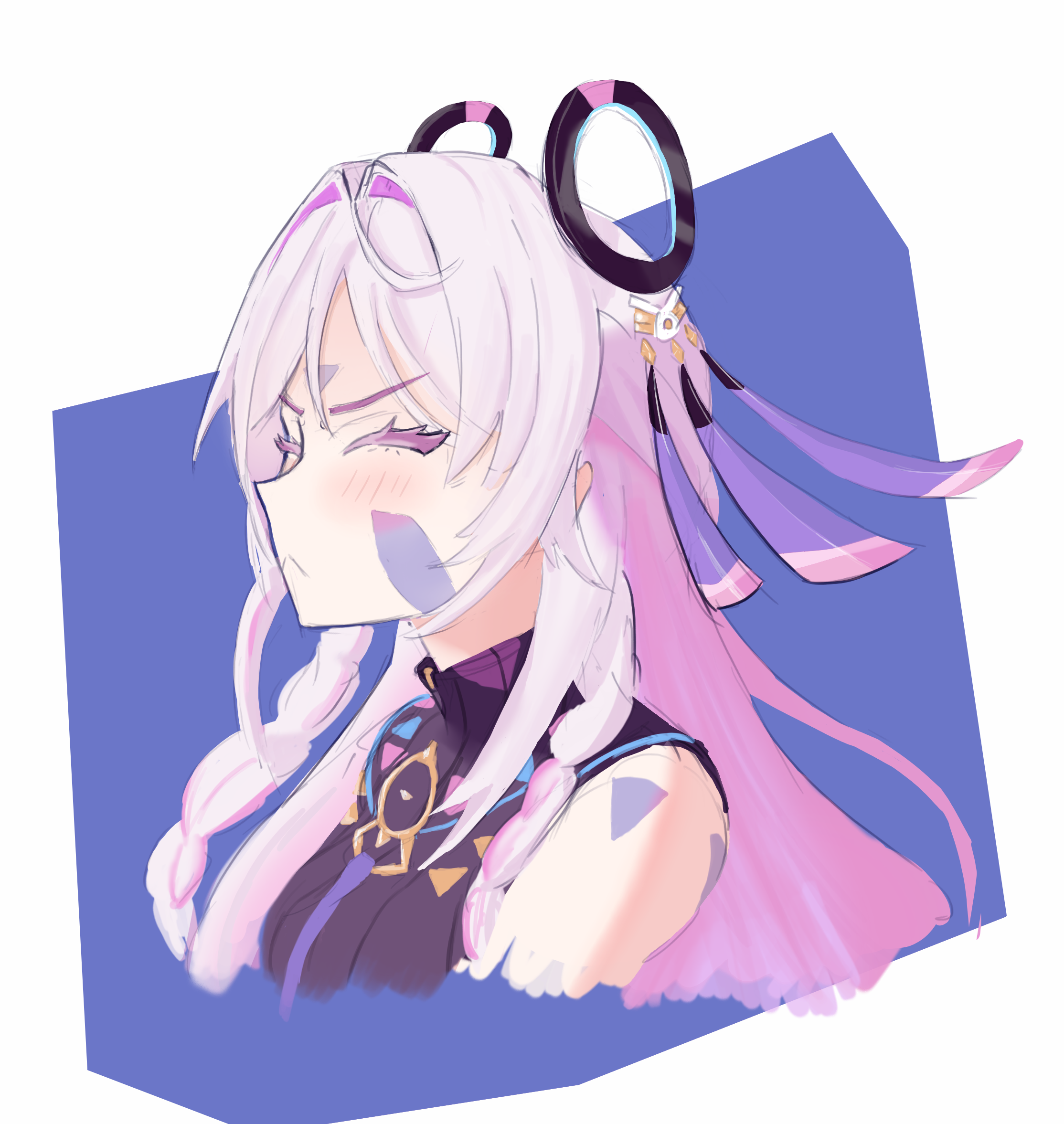 citlali (genshin impact), genshin impact, commentary, highres, 1girl, :<, bare shoulders, closed eyes, facial mark, forehead mark, guni (svgthprm), long hair, pink hair, ring hair ornament, sleeveless, solo