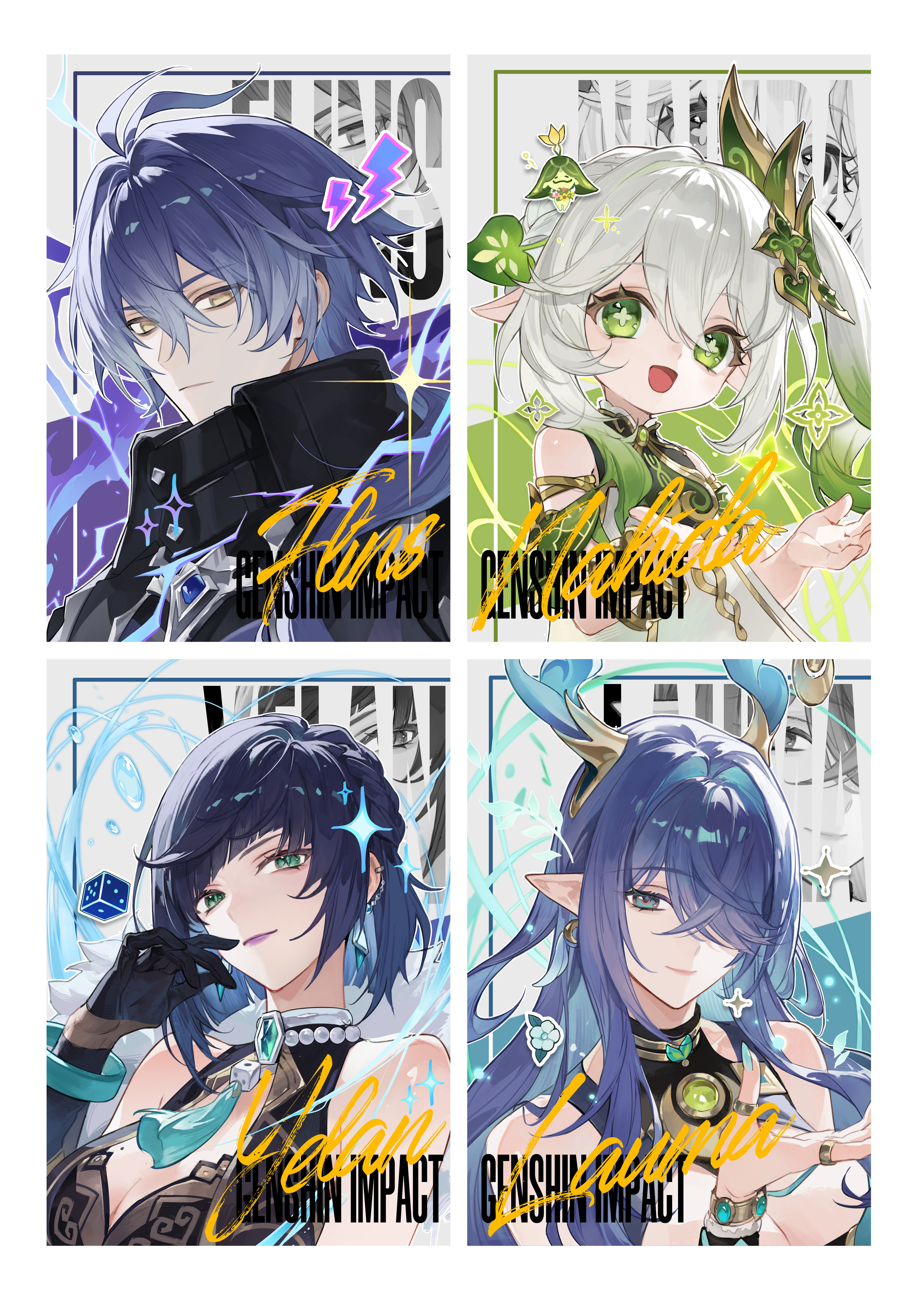 masa ashe, aranara (genshin impact), flins (genshin impact), lauma (genshin impact), nahida (genshin impact), yelan (genshin impact), genshin impact, absurdres, highres, official art, second-party source, 1boy, 3girls, antlers, black coat, black gloves, black hair, blue hair, breasts, character name, closed mouth, coat, diagonal bangs, dress, earrings, gloves, gradient hair, green eyes, green hair, hair between eyes, hair ornament, hair over one eye, horns, jewelry, leaf hair ornament, long hair, looking at viewer, mole, mole on breast, multicolored hair, multiple girls, open mouth, pointy ears, short hair, side ponytail, smile, symbol-shaped pupils, tassel, white dress, white hair, yellow eyes