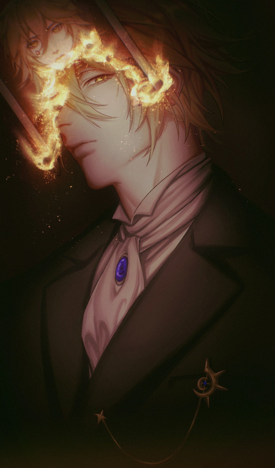 phainon (honkai: star rail), phainon (khaslana) (honkai: star rail), honkai: star rail, honkai (series), commentary, english commentary, highres, 1boy, alternate form, black coat, blonde hair, burning, coat, collared shirt, gem, looking at viewer, male focus, mongum0702, photo (object), purple gemstone, shirt, short hair, solo, upper body, white shirt, yellow eyes
