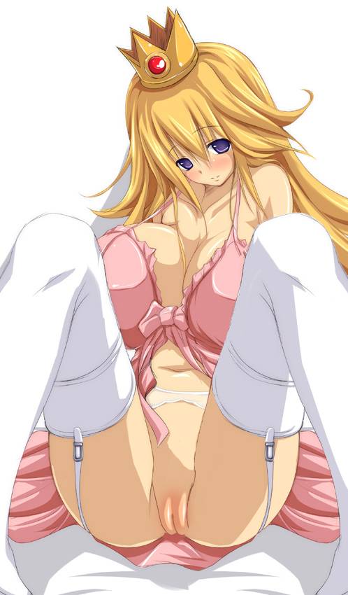 princess peach, mario (series), nintendo, super mario bros. 1, 1girl, bed, blush, bottomless, breasts, cleavage, cleft of venus, crown, looking at viewer, lying, pussy, smile, uncensored