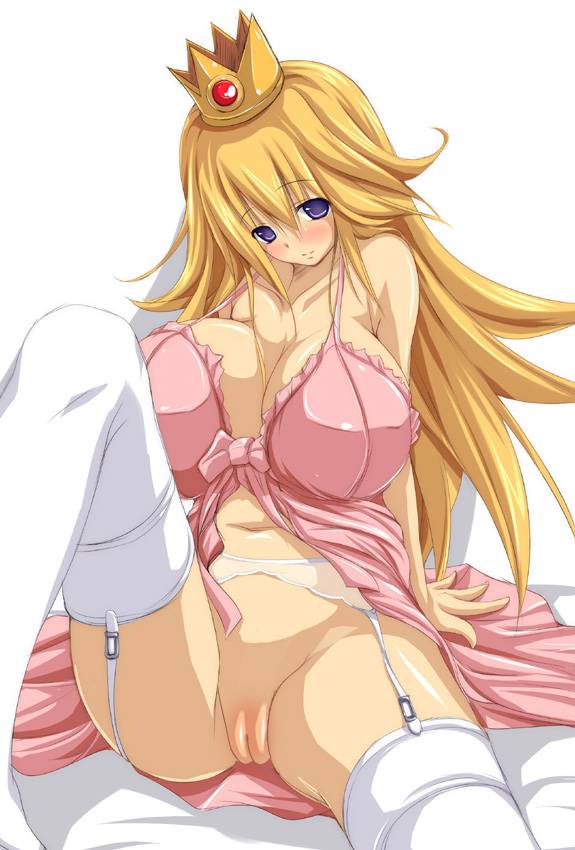 fct, sara da pranzo, sdp, princess peach, mario (series), nintendo, super mario bros. 1, 1girl, arm support, bed, blonde hair, blush, bra, breasts, cleavage, cleft of venus, crown, curvy, dress, female focus, garter belt, garter straps, hat, head tilt, huge breasts, leg lift, legs, lingerie, long hair, long legs, lying, no panties, presenting, purple eyes, pussy, see-through clothes, sitting, smile, solo, spread legs, thighhighs, thighs, uncensored, underwear, very long hair, white thighhighs