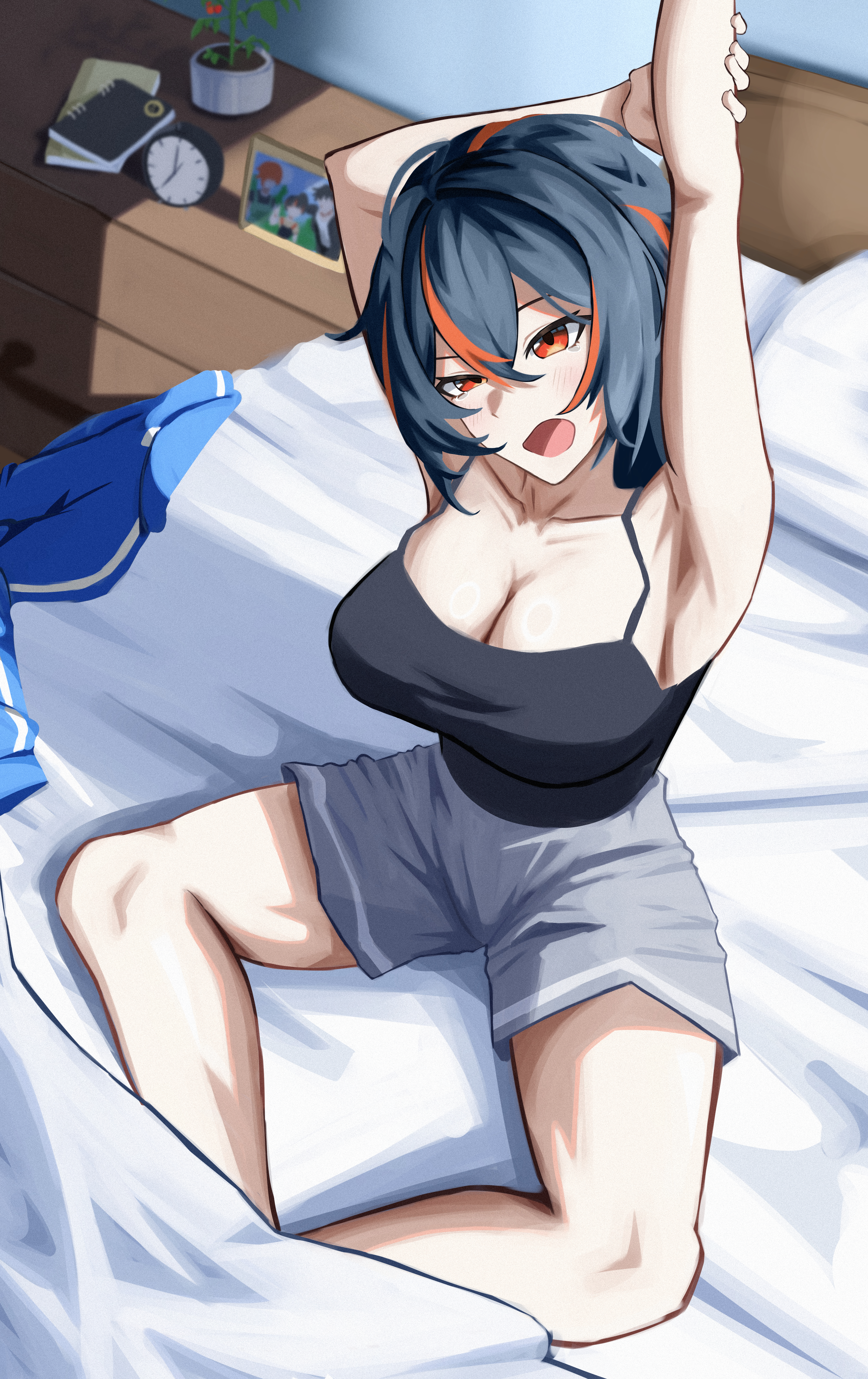 zhu yuan, zenless zone zero, absurdres, bad source, highres, 1girl, alarm clock, armpits, arms up, bedroom, black camisole, black hair, blue jacket, boneo, breasts, camisole, clock, collarbone, grey shorts, indoors, jacket, large breasts, multicolored hair, on bed, plant, potted plant, red hair, shorts, sitting, solo, streaked hair, stretching, unworn jacket, yawning
