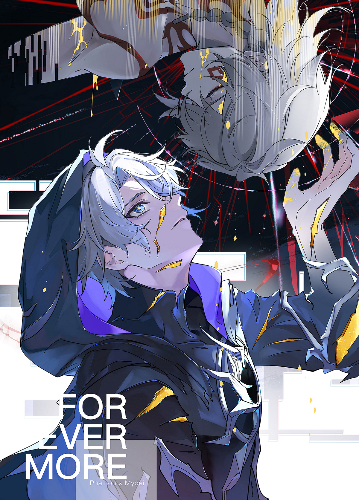 liyue so good, flame reaver of the deepest dark, mydei (honkai: star rail), phainon (honkai: star rail), honkai: star rail, honkai (series), commentary request, highres, 2boys, antenna hair, arm tattoo, black cloak, blue eyes, braid, chest tattoo, cloak, closed eyes, cracked skin, facial tattoo, hood, hood up, hooded cloak, looking up, male focus, medium hair, multiple boys, parted bangs, red tattoo, short hair, side braid, tattoo, white hair, yellow blood