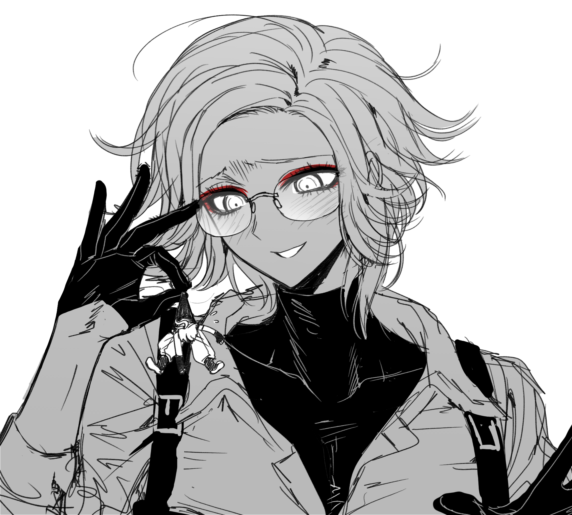aotsuki eito, sumino takumi, the hundred line -last defense academy-, chinese commentary, commentary request, highres, 2boys, ahoge, alternate costume, bodysuit, eyeliner, flying sweatdrops, glasses, gloves, greyscale, grin, half gloves, hand up, holding, holding mini person, jacket, looking at another, makeup, male focus, mini person, miniboy, monochrome, multiple boys, red eyeliner, short hair, simple background, smile, spot color, syuu 1125