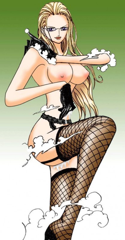 kalifa (one piece), one piece, nude filter, third-party edit, fishnets, garter belt, glasses, gloves, nude, thighhighs