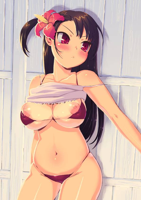 ootomo takuji, original, 1girl, bikini, blush, breasts, brown hair, bursting breasts, camisole, clothes lift, female focus, flower, hair flower, hair ornament, hibiscus, large breasts, long hair, micro bikini, nipple slip, nipples, plump, red eyes, shirt lift, side ponytail, skindentation, solo, string bikini, swimsuit