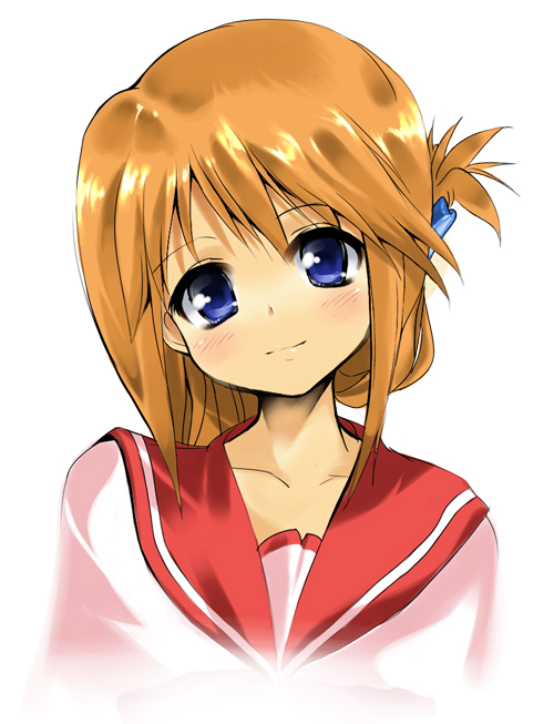 amaa (chou dennou jidai), hinoeya kiuri, komaki manaka, to heart (series), to heart 2, 00s, 1girl, blue eyes, brown hair, female focus, folded ponytail, hair ornament, hairclip, school uniform, serafuku, solo