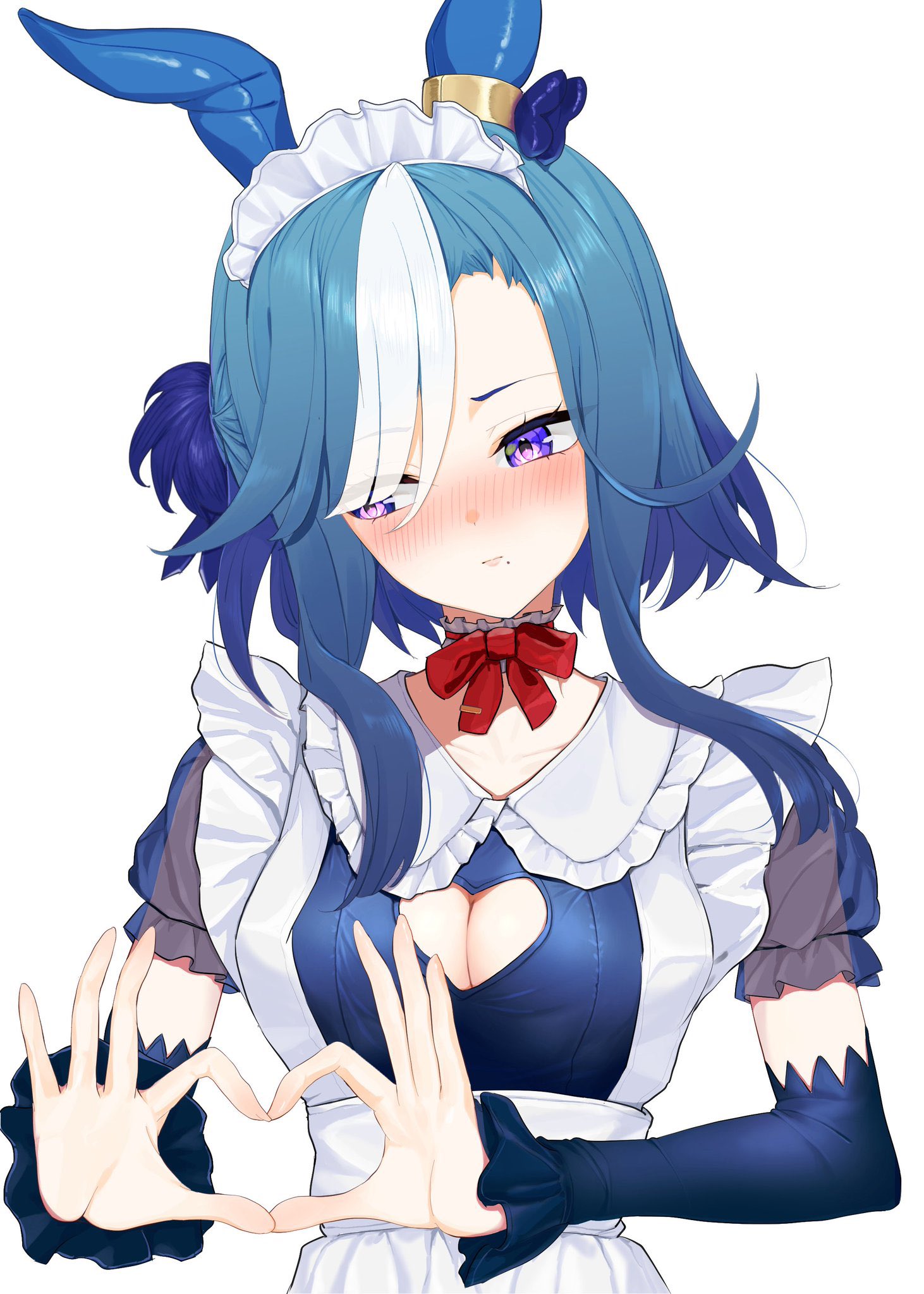 amasa (ama sa3), admire groove (umamusume), umamusume, commentary, highres, 1girl, alternate costume, animal ears, apron, blue dress, blue hair, blue sleeves, blush, bow, breasts, choker, cleavage, cleavage cutout, closed mouth, clothing cutout, collarbone, detached collar, detached sleeves, dress, ear covers, frilled choker, frills, heart, heart hands, horse ears, horse girl, large breasts, long hair, looking at viewer, maid, maid apron, maid headdress, mole, mole under mouth, multicolored hair, purple eyes, red bow, short sleeves, simple background, streaked hair, upper body, white background, white hair
