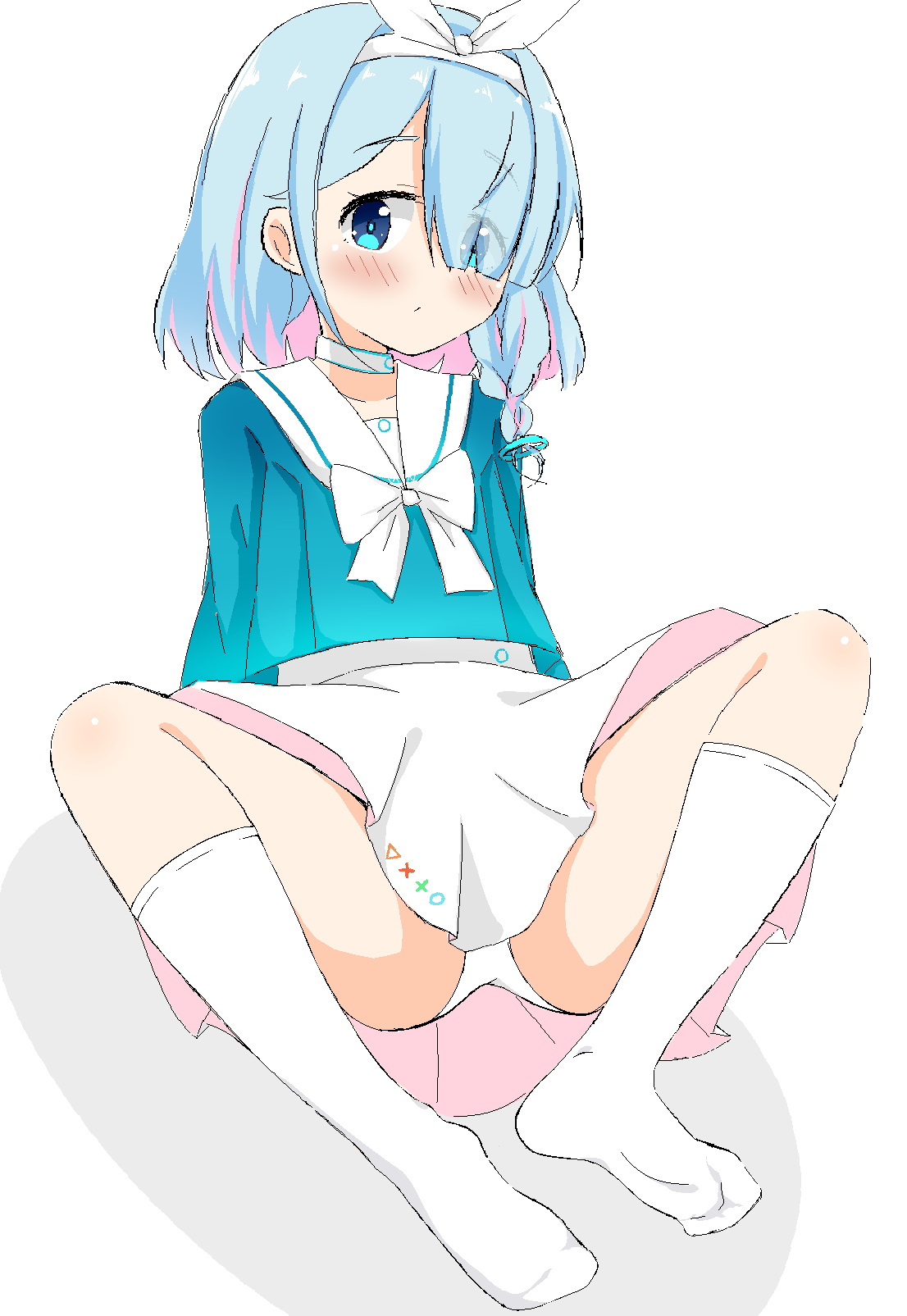 garden and lamb, arona (blue archive), blue archive, commentary, highres, 1girl, arm support, bare legs, blue eyes, blue hair, blue pupils, blue serafuku, blush, bow, bow hairband, bowtie, braid, bright pupils, choker, closed mouth, collarbone, colored inner hair, feet, foot focus, full body, hair over one eye, hairband, long sleeves, looking at viewer, multicolored hair, no shoes, on floor, panties, pantyshot, pink hair, pixel art, pleated skirt, sailor collar, school uniform, serafuku, short hair, simple background, single braid, sitting, skirt, sleeve cuffs, socks, soles, solo, two-tone hair, underwear, white background, white bow, white bowtie, white choker, white hairband, white panties, white sailor collar, white skirt, white socks