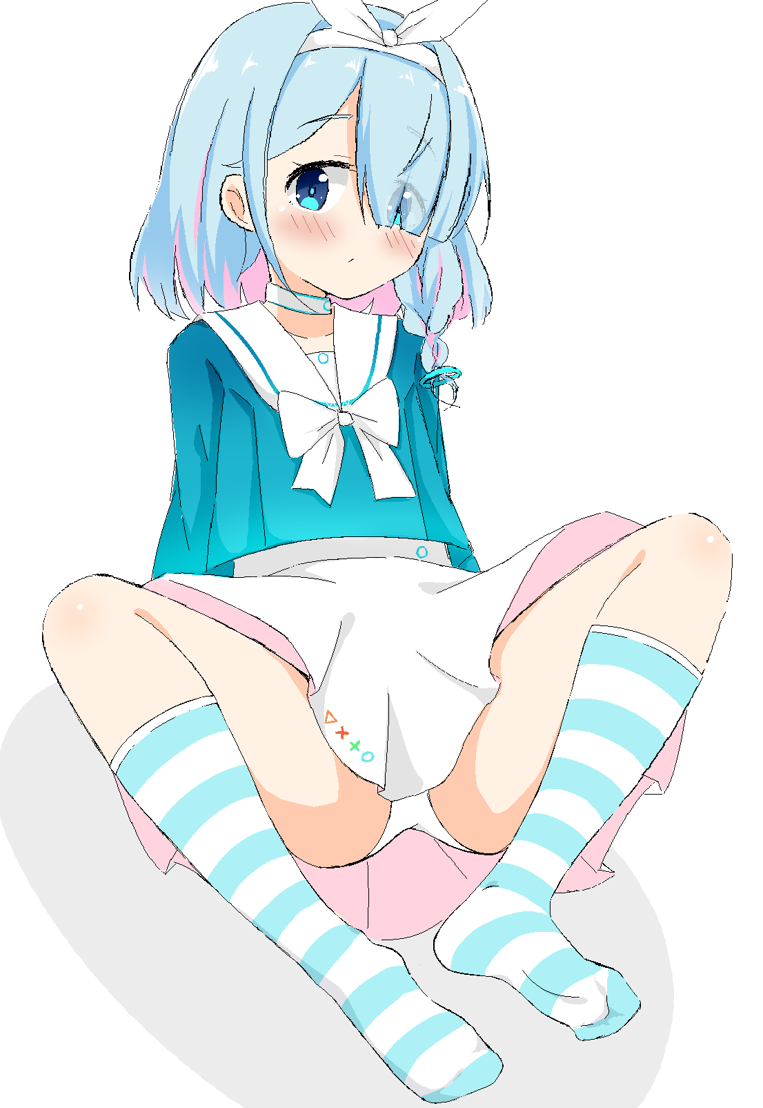 garden and lamb, arona (blue archive), blue archive, commentary, highres, 1girl, arm support, bare legs, blue eyes, blue hair, blue pupils, blue serafuku, blue socks, blush, bow, bow hairband, bowtie, braid, bright pupils, choker, closed mouth, collarbone, colored inner hair, feet, foot focus, full body, hair over one eye, hairband, long sleeves, looking at viewer, multicolored hair, no shoes, on floor, panties, pantyshot, pink hair, pixel art, pleated skirt, sailor collar, school uniform, serafuku, short hair, simple background, single braid, sitting, skirt, sleeve cuffs, socks, soles, solo, striped clothes, striped socks, two-tone hair, two-tone socks, underwear, white background, white bow, white bowtie, white choker, white hairband, white panties, white sailor collar, white skirt, white socks