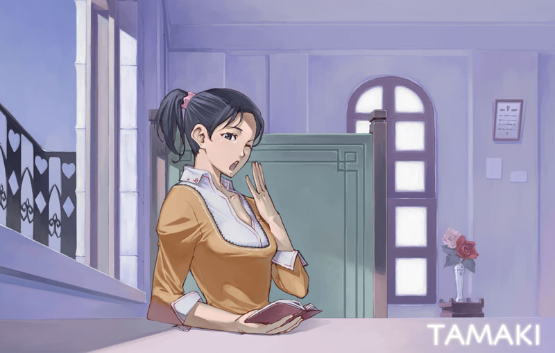 tamaki g, tamaki g (artist), original, 1girl, black hair, book, collarbone, female focus, flower, holding, indoors, long hair, long sleeves, looking at viewer, ponytail, rose, short hair, solo, table, text focus, upper body, vase, window, yawning