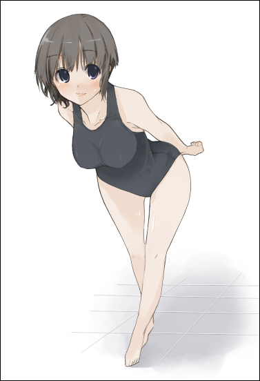 aka ume, original, 1girl, barefoot, black one-piece swimsuit, breasts, female focus, large breasts, one-piece swimsuit, school swimsuit, solo, swimsuit