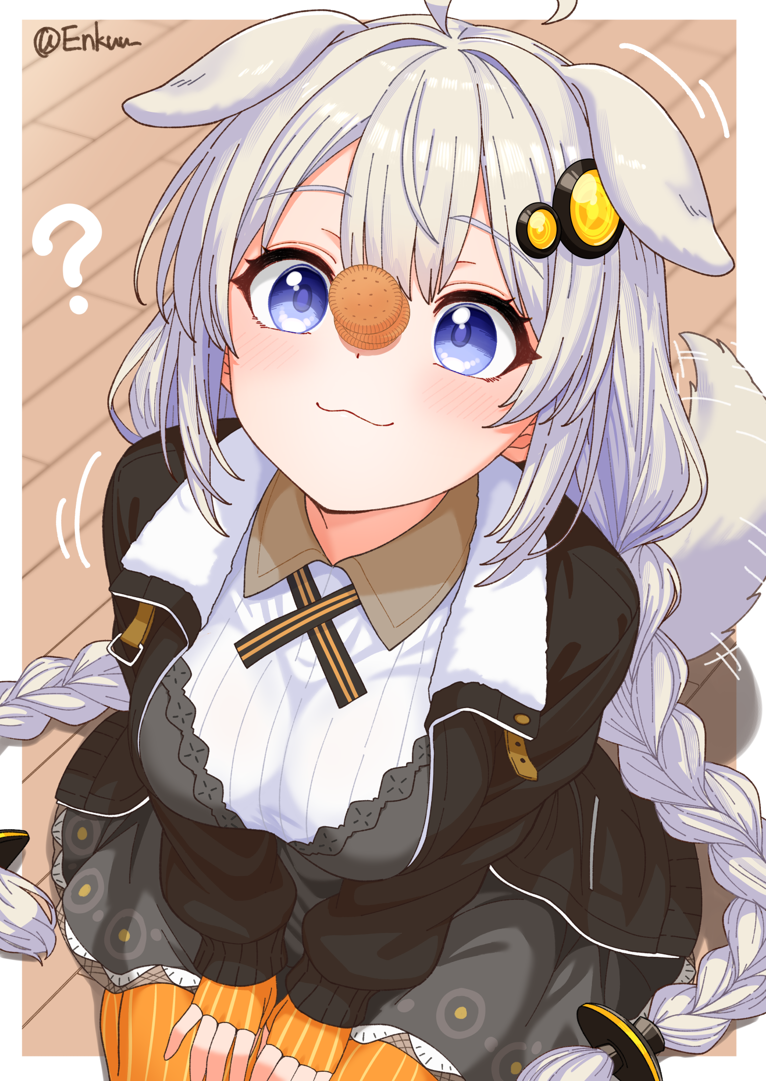 poke kuu, kizuna akari, vocaloid, voiceroid, commentary request, highres, 1girl, :3, ?, animal ears, black dress, black jacket, blue eyes, blush, border, braid, closed mouth, collared shirt, contrast collar, cookie, dog ears, dog girl, dog tail, dress, food, food on face, grey hair, hair ornament, jacket, kemonomimi mode, long hair, long sleeves, open clothes, open jacket, outside border, shirt, smile, solo, tail, twin braids, twitter username, white border, white shirt