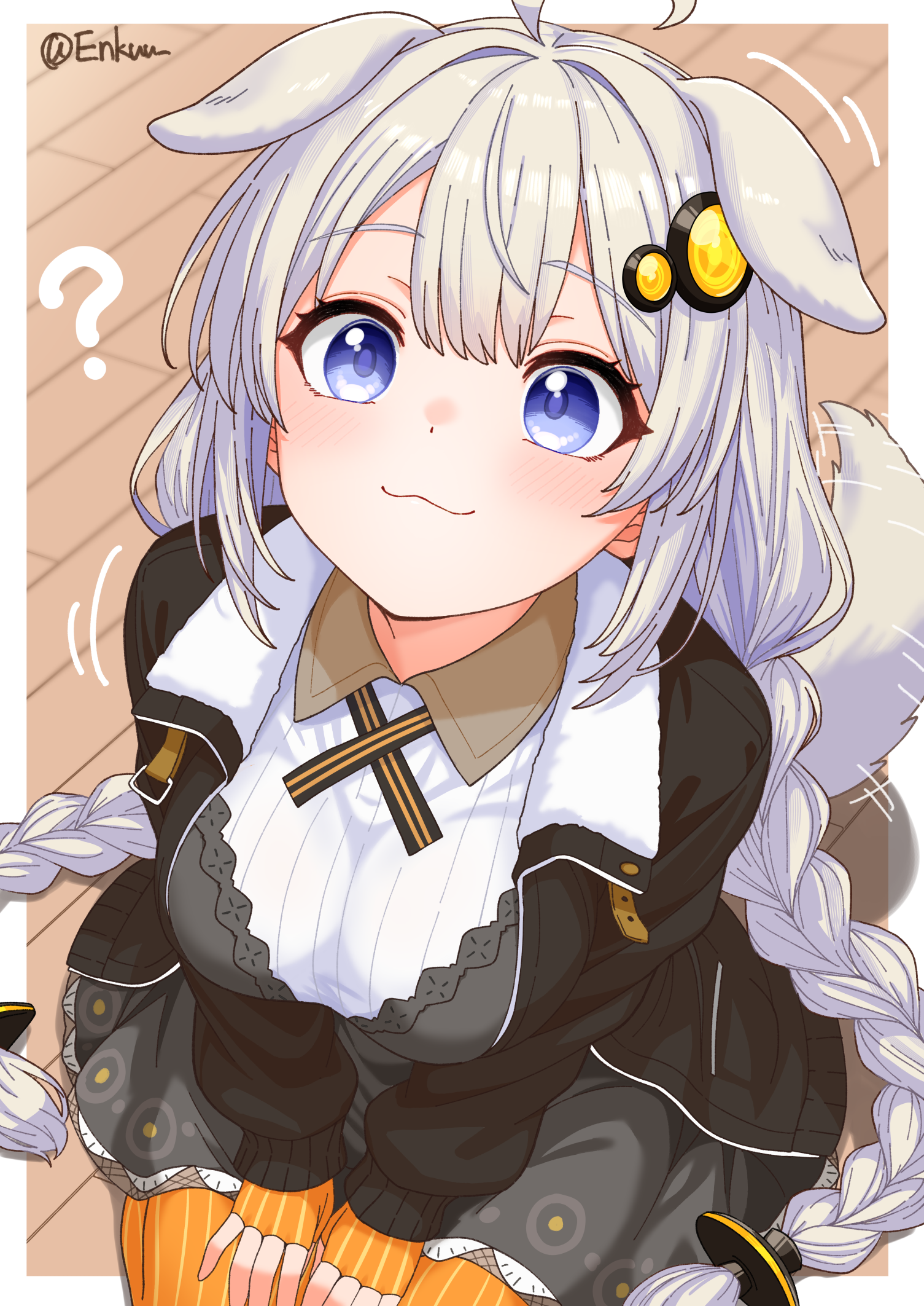 poke kuu, kizuna akari, vocaloid, voiceroid, commentary request, highres, 1girl, :3, animal ears, black dress, black jacket, blue eyes, blush, border, braid, closed mouth, collared shirt, contrast collar, dog ears, dog girl, dog tail, dress, grey hair, hair ornament, jacket, kemonomimi mode, long hair, long sleeves, open clothes, open jacket, outside border, shirt, smile, solo, tail, twin braids, twitter username, white border, white shirt