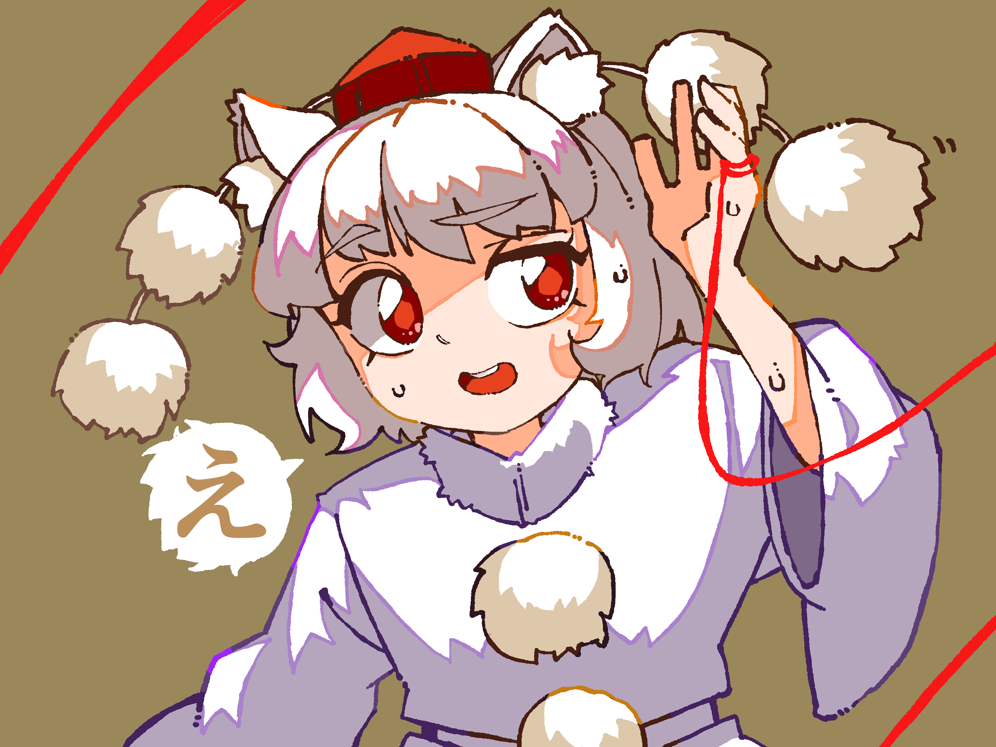 nihimaru, inubashiri momiji, touhou, absurdres, highres, 1girl, animal ears, brown background, confused, fur collar, hat, long sleeves, medium hair, open mouth, pom pom (clothes), red eyes, red hat, shirt, string, string of fate, sweat, tokin hat, white hair, white shirt, wide sleeves, wolf ears