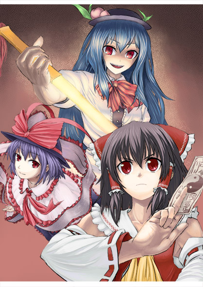 cuboon, hakurei reimu, hinanawi tenshi, nagae iku, touhou, 3girls, armpits, black hair, blue hair, female focus, gradient background, hat, japanese clothes, miko, multiple girls, purple hair, red eyes, short hair, sword, sword of hisou, upper body, weapon