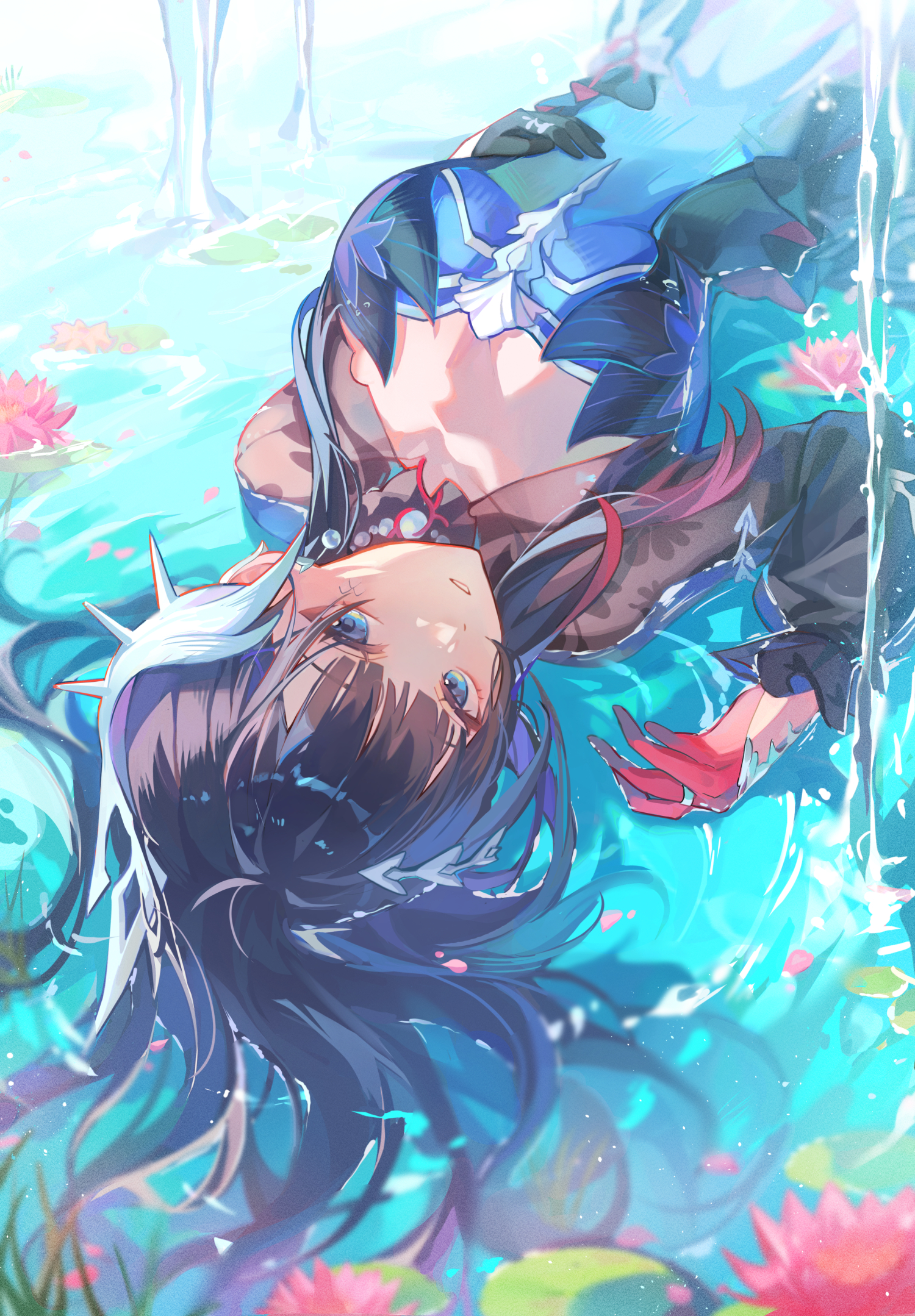 uwon, hysilens (honkai: star rail), honkai: star rail, honkai (series), commentary, highres, 1girl, asymmetrical gloves, black dress, black gloves, black hair, black shrug, blue eyes, breasts, dress, gloves, hair ornament, hand on own stomach, large breasts, long hair, looking at viewer, lying, lying on water, mismatched gloves, on back, parted lips, red gloves, ripples, scales, shrug (clothing), solo