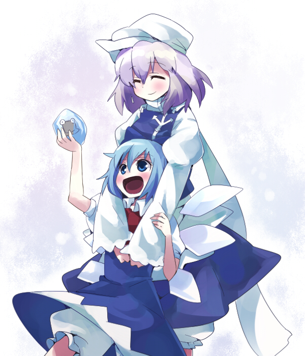 kiji (manekinuko-tei), cirno, letty whiterock, moriya suwako, pyonta, touhou, 2girls, bloomers, blue eyes, blue hair, closed eyes, dress, female focus, gradient background, hat, hug, ice, multiple girls, purple hair, short hair, underwear, white background, white bloomers, wings