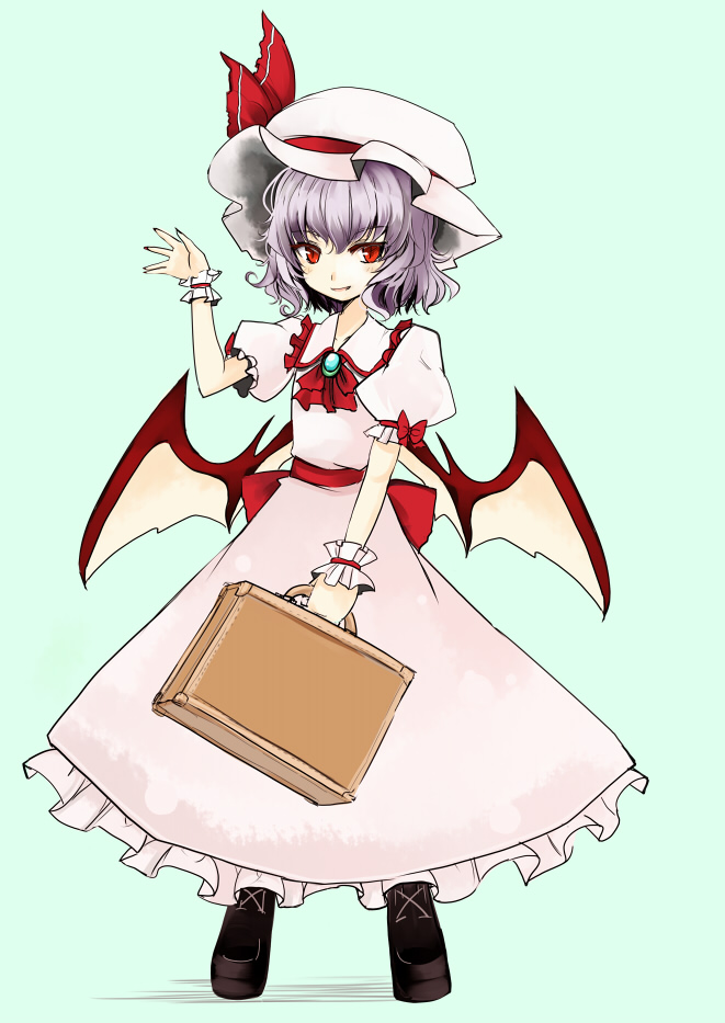 takaharu, remilia scarlet, touhou, 1girl, bat wings, briefcase, dress, female focus, full body, hat, purple hair, red eyes, short hair, simple background, solo, wings