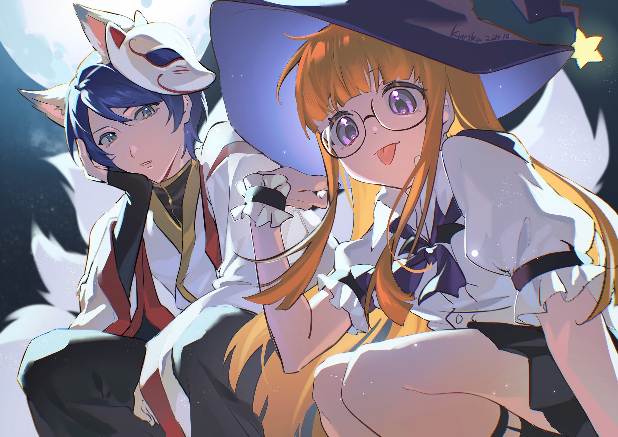 qianyewuli, kitagawa yuusuke, sakura futaba, persona, persona 5, chinese commentary, commentary request, highres, 1boy, 1girl, :p, animal ears, artist name, black-framed eyewear, black gloves, black pants, black skirt, black socks, blue eyes, blue hair, blunt bangs, bow, dated, feet out of frame, fingerless gloves, fox boy, fox ears, fox mask, fox tail, full moon, glasses, gloves, hat, head rest, jacket, long hair, looking at viewer, mask, moon, multiple tails, night, night sky, pants, parted bangs, parted lips, pleated skirt, purple bow, purple eyes, purple hat, shirt, short hair, short sleeves, sidelocks, single glove, skirt, sky, socks, squatting, star (sky), star (symbol), starry sky, tail, tongue, tongue out, white jacket, white shirt, white wrist cuffs, witch hat, wrist cuffs