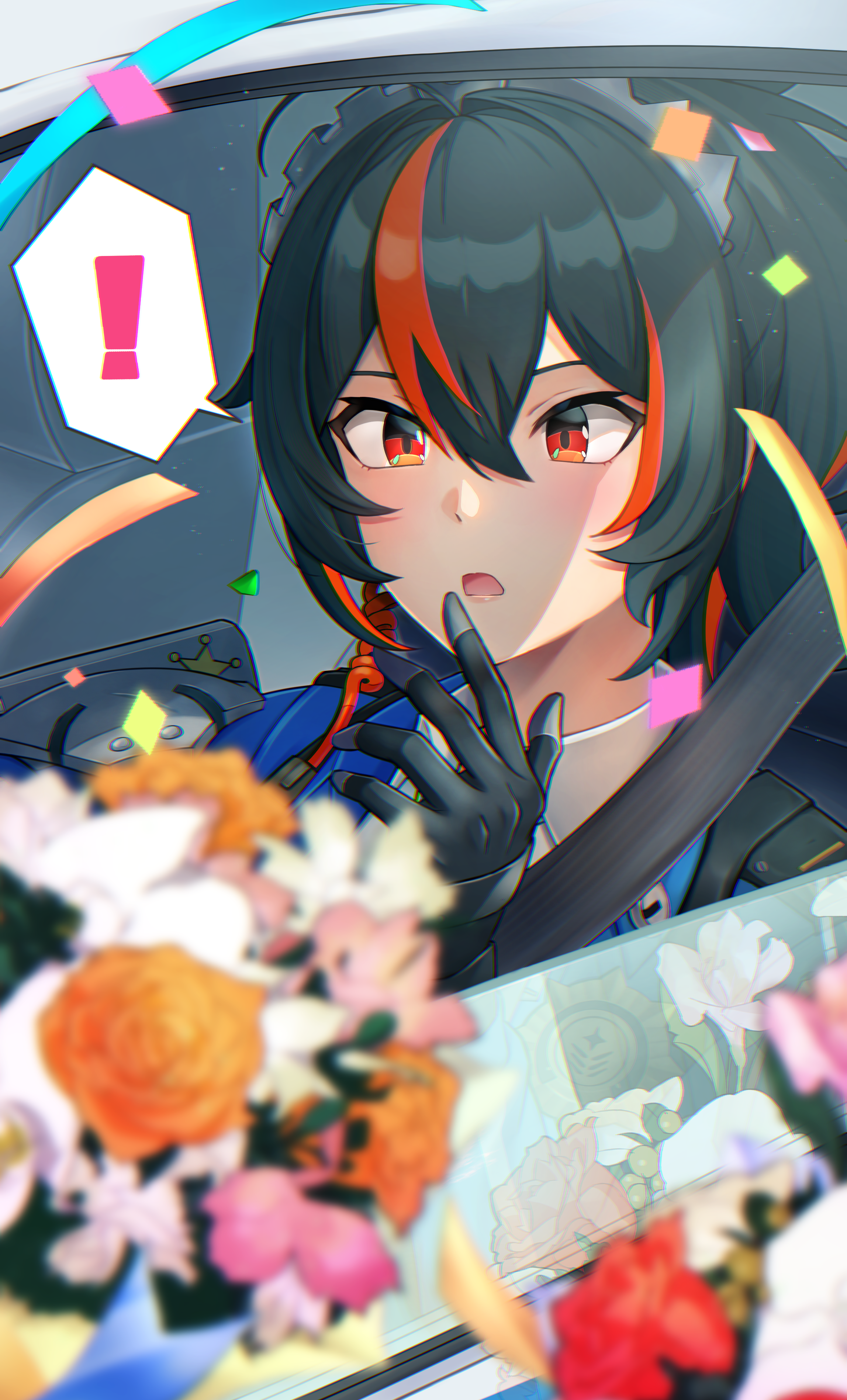 zhu yuan, zenless zone zero, absurdres, highres, !, 1girl, black gloves, black hair, blue jacket, blush, bouquet, car, chromatic aberration, flower, from outside, gloves, hairband, jacket, kosuki, metal hairband, motor vehicle, multicolored hair, open mouth, police, police badge, police car, police uniform, policewoman, ponytail, red eyes, red hair, solo, spoken exclamation mark, streaked hair, surprised