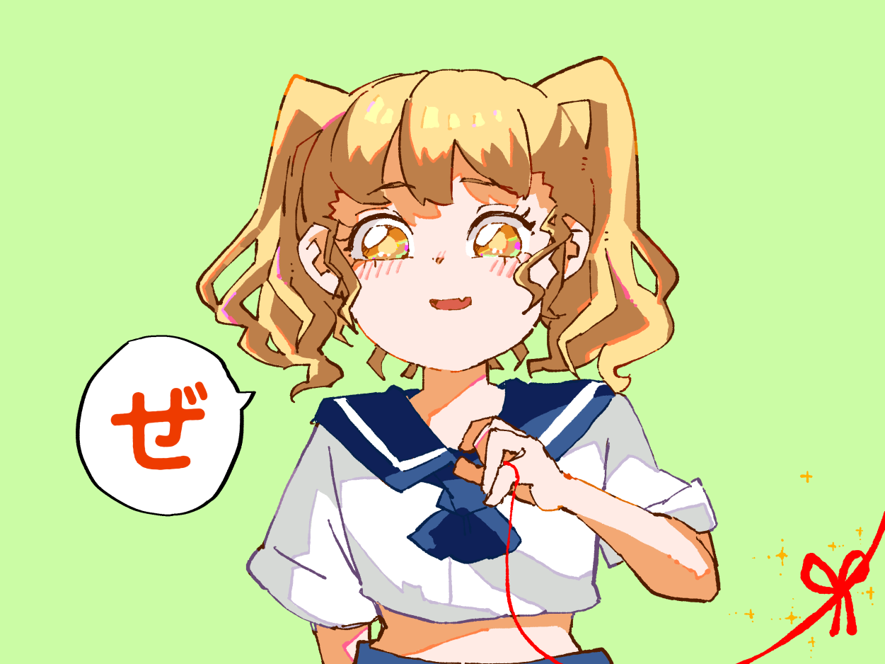 nihimaru, kitashirakawa chiyuri, touhou, touhou (pc-98), 1girl, blonde hair, blue sailor collar, blush, fang, green background, midriff, no headwear, sailor collar, shirt, short sleeves, skin fang, string, string of fate, twintails, wavy hair, white shirt, yellow eyes