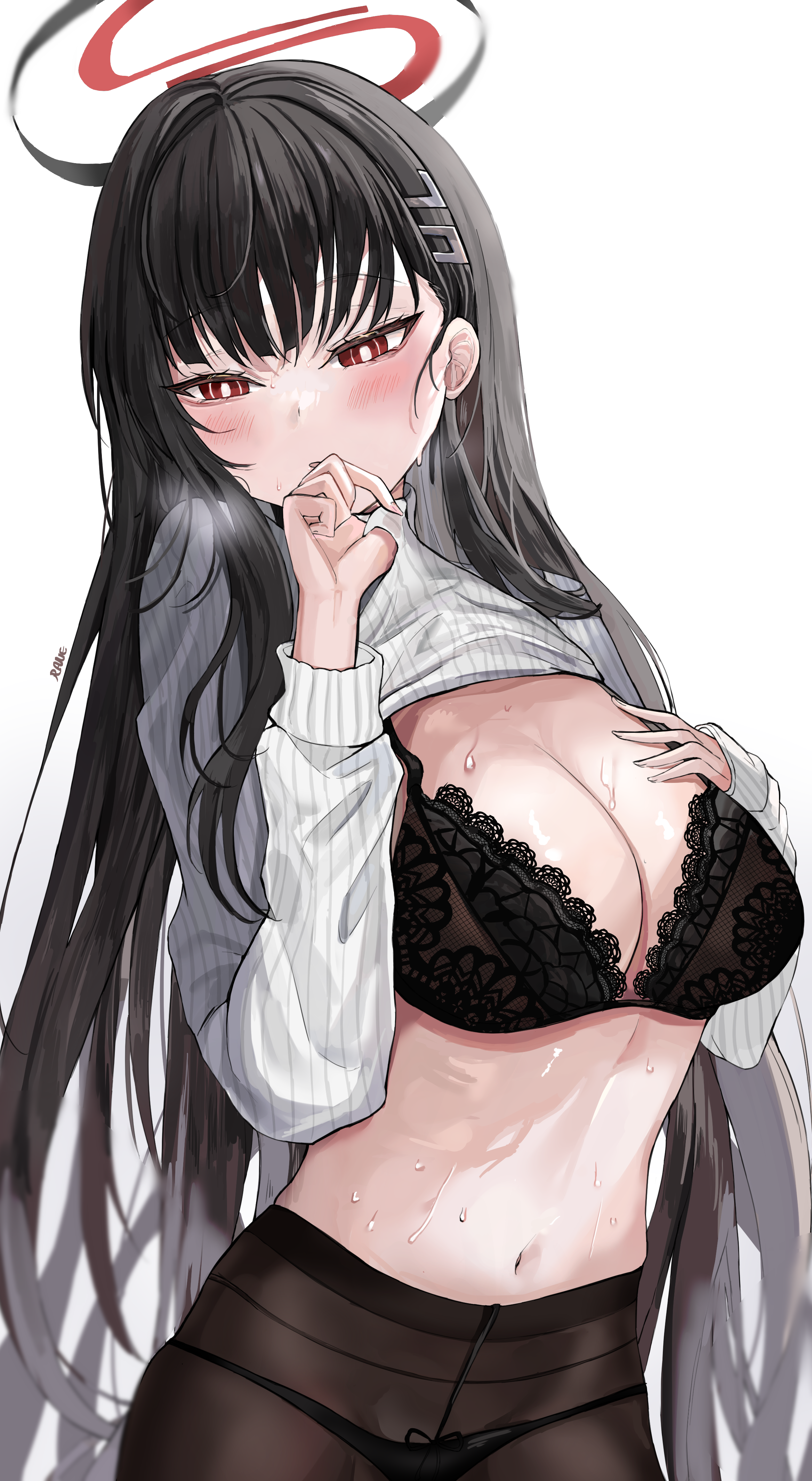 harune rane, rio (blue archive), blue archive, absurdres, commentary, highres, symbol-only commentary, 1girl, artist name, averting eyes, black bra, black hair, black halo, black panties, black pantyhose, blunt bangs, blush, bra, breast suppress, breasts, breath, bright pupils, cleavage, clothes lift, covering own mouth, cowboy shot, embarrassed, eyelashes, floral print, floral print bra, hair ornament, halo, hand up, hands up, lace, lace-trimmed bra, lace trim, large breasts, lifting own clothes, lingerie, long hair, looking to the side, multicolored halo, navel, no pants, open mouth, panties, panties under pantyhose, pantyhose, presenting, print bra, red eyes, red halo, ribbed sweater, sidelighting, simple background, solo, stomach, straight hair, sweat, sweater, sweater lift, tsurime, turtleneck, turtleneck sweater, two-tone halo, underwear, very long hair, white background, white pupils, white sweater