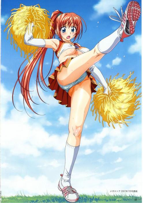 taki minashika, megastore comics, tagme, 1girl, blush, breasts, cheerleader, covered erect nipples, female focus, female pubic hair, high kick, kicking, panties, pom pom (cheerleading), pubic hair, red hair, socks, solo, underwear, upskirt