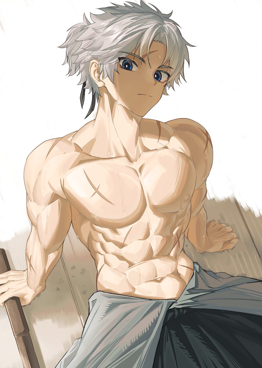inimiyon1234, fate/grand order, fate (series), highres, 1boy, black hakama, blue eyes, hakama, holding, holding sword, holding weapon, japanese clothes, looking at viewer, muscular, muscular male, ponytail, scar, scar on arm, scar on chest, scar on face, scar on forehead, scar on stomach, shinai, sitting, solo, sweat, sword, topless male, toudou heisuke (fate), weapon, white hair