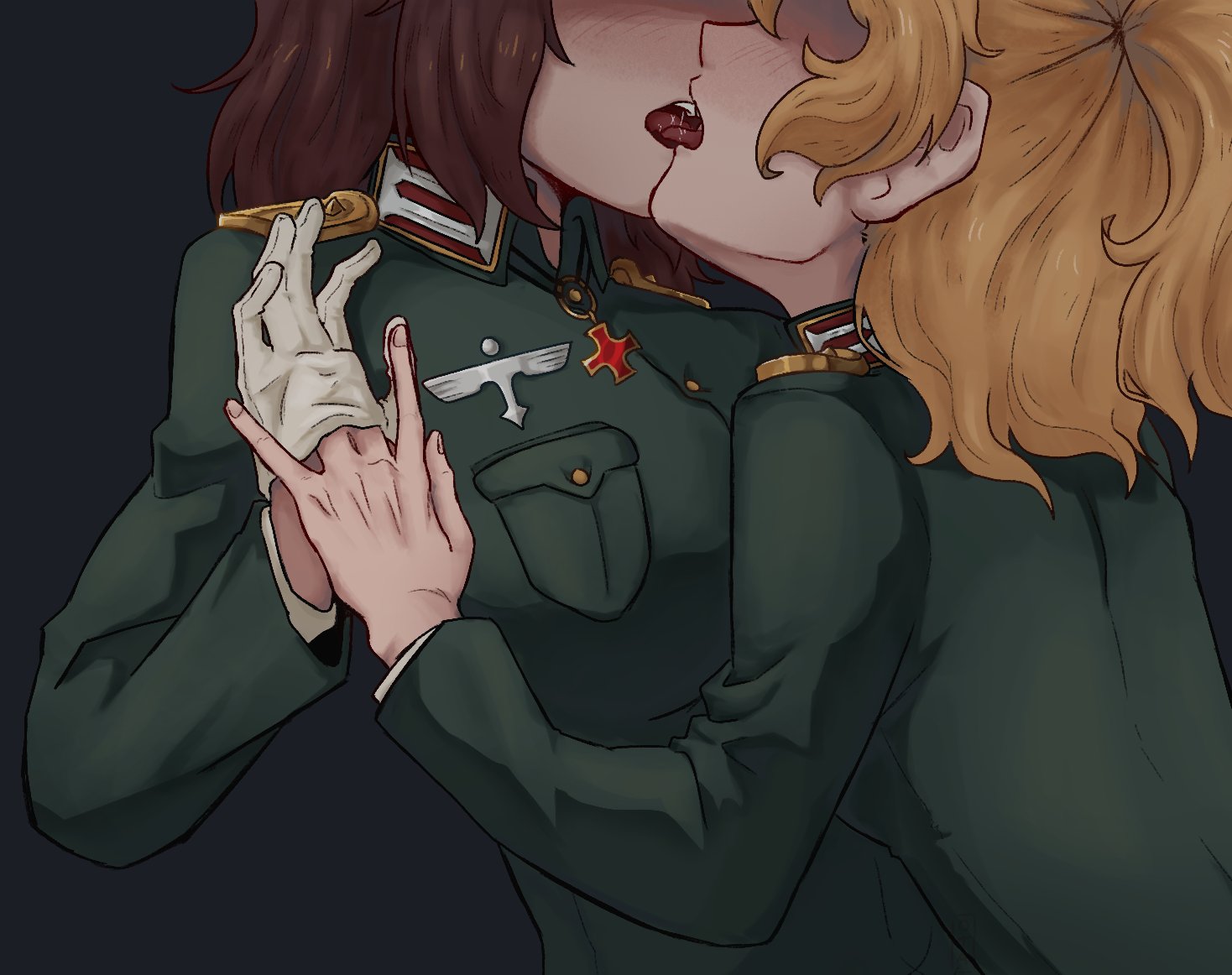 otaeriaaoba, tanya degurechaff, viktoriya ivanovna serebryakov, youjo senki, commentary, english commentary, 2girls, adjusting clothes, adjusting gloves, blonde hair, brown hair, epaulettes, french kiss, gloves, green jacket, jacket, kiss, military uniform, multiple girls, open mouth, tongue, tongue out, white gloves, yuri