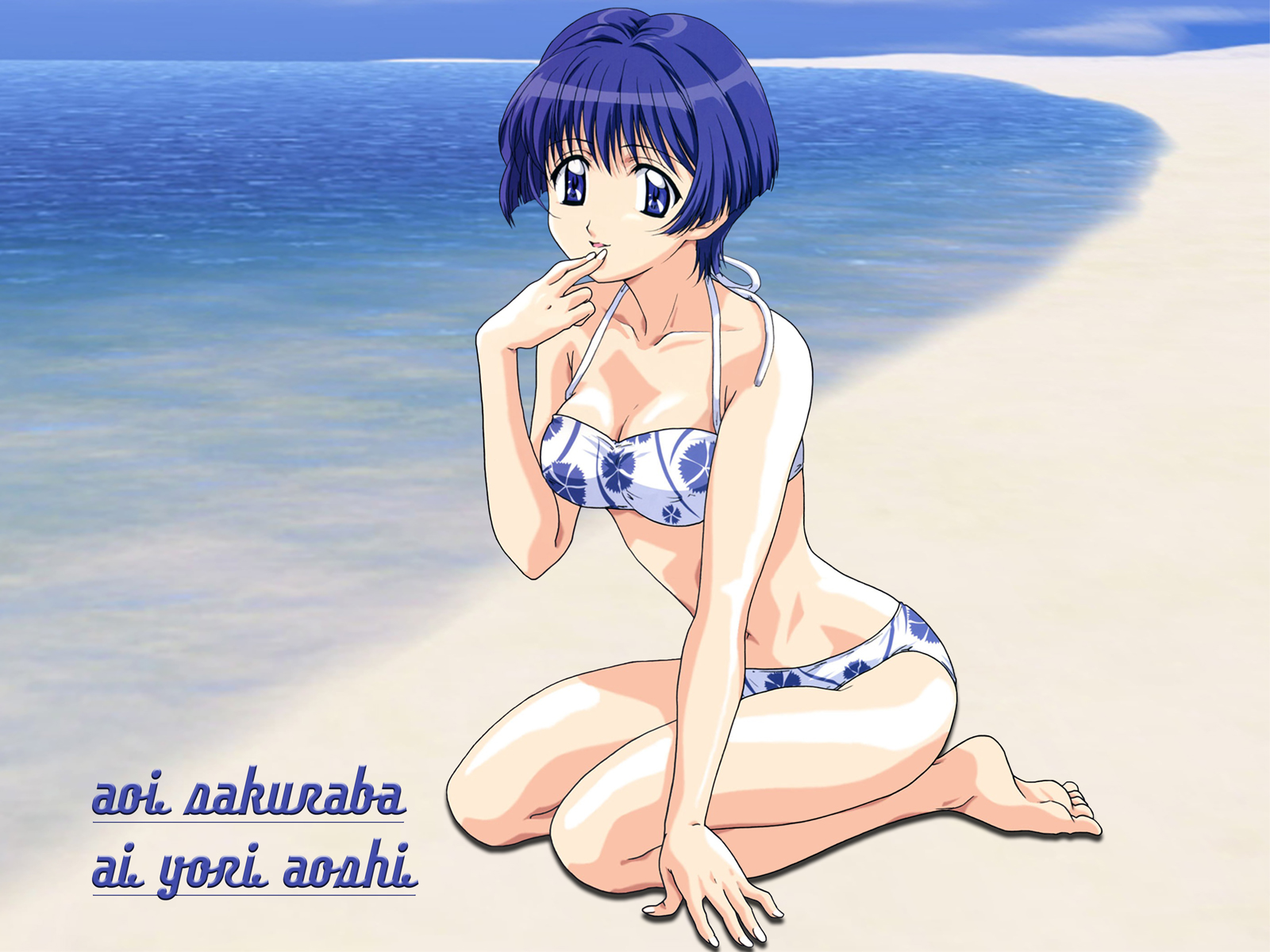 sakuraba aoi, ai yori aoshi, highres, non-web source, beach, bikini, blue eyes, blue hair, day, kneeling, short hair, solo, swimsuit