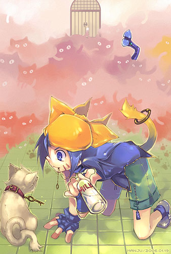 sanjou sorata, original, lowres, 1boy, animal ears, blue eyes, blue hair, cat, cat ears, cat tail, fingerless gloves, gloves, jewelry, key, male focus, matching hair/eyes, milk, ring, shorts, solo, tail