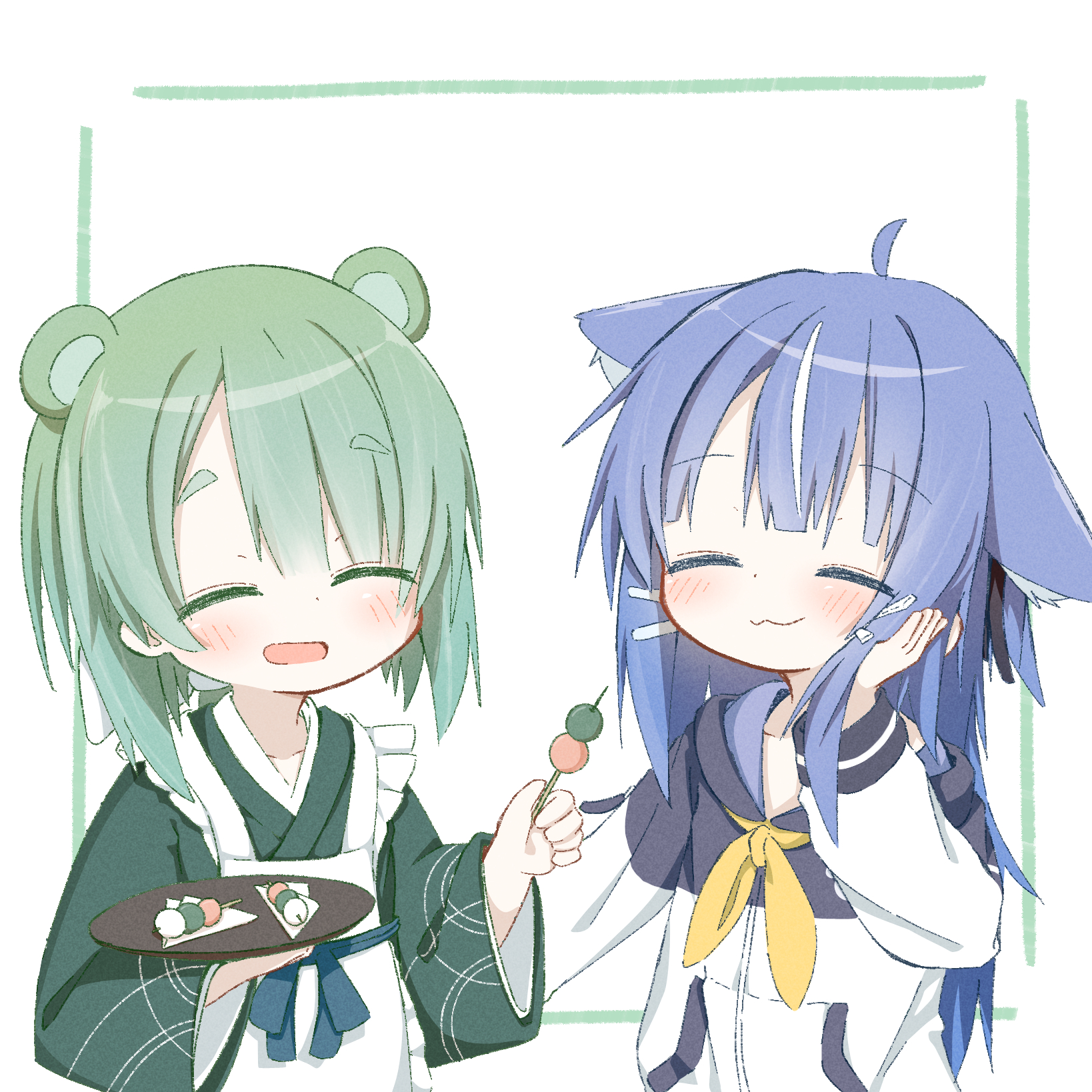 nia (ayanepuna), original, commentary, highres, 2girls, :3, animal ears, apron, blue hair, borrowed character, cat ears, cat girl, closed eyes, closed mouth, dango, food, green hair, green kimono, hair ornament, hairclip, holding, holding food, holding skewer, holding tray, jacket, japanese clothes, kimono, long hair, maid, maid apron, multicolored hair, multiple girls, neckerchief, nola (nola mk2), open mouth, parallel hairclips, ponytail, raccoon ears, raccoon girl, sanshoku dango, skewer, streaked hair, thick eyebrows, tray, two-tone hair, wa maid, wagashi, white apron, white hair, white jacket, yellow neckerchief, yomogi (ayanepuna)