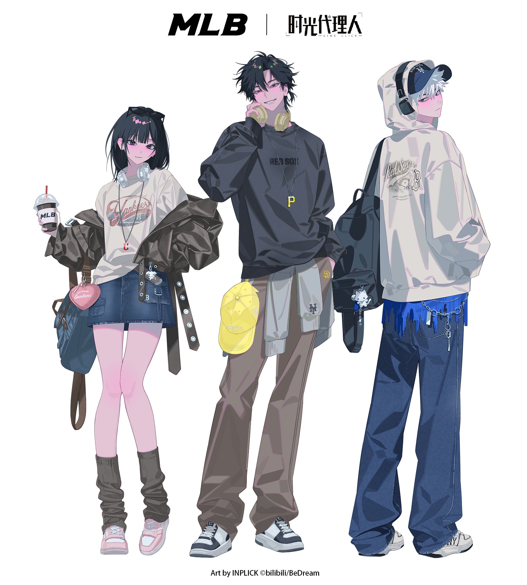 inplick, cheng xiaoshi, lu guang, qiao ling, shiguang dailiren, highres, official art, 1girl, 2boys, alternate costume, bag, baseball cap, belt, black bag, black eyes, black hair, black shirt, blue hat, blue pants, blunt bangs, brown belt, brown jacket, brown pants, brown socks, closed mouth, clothes around waist, copyright name, cup, denim, denim skirt, disposable cup, english text, eyewear on head, full body, hand in pocket, hand up, handbag, hat, headphones, headphones around neck, holding, holding cup, hood, hood up, hooded jacket, hoodie, jacket, jeans, jewelry, long sleeves, looking at viewer, loose socks, medium hair, miniskirt, multiple boys, necklace, off shoulder, open clothes, open jacket, pants, pendant, pink shoes, ponytail, print shirt, shirt, shoes, short hair, short ponytail, shoulder bag, simple background, skirt, smile, sneakers, socks, standing, sunglasses, wallet chain, white background, white hair, white jacket, white shirt, white shoes, yellow hat