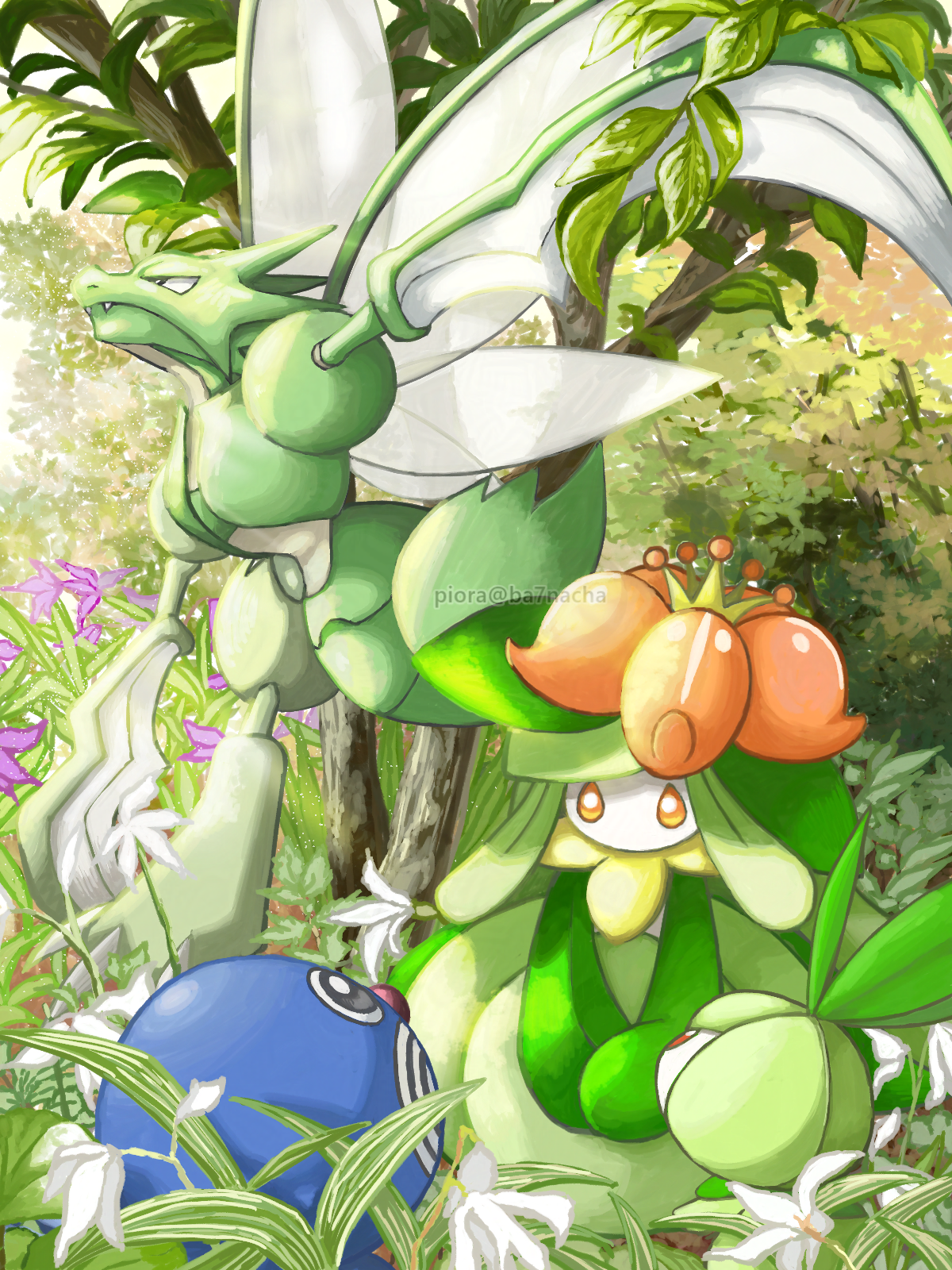 piora, lilligant, petilil, poliwag, scyther, nintendo, pokemon, highres, artist name, black eyes, day, flower, gen 1 pokemon, gen 5 pokemon, orange eyes, outdoors, plant, pokemon (creature), standing, tree, watermark