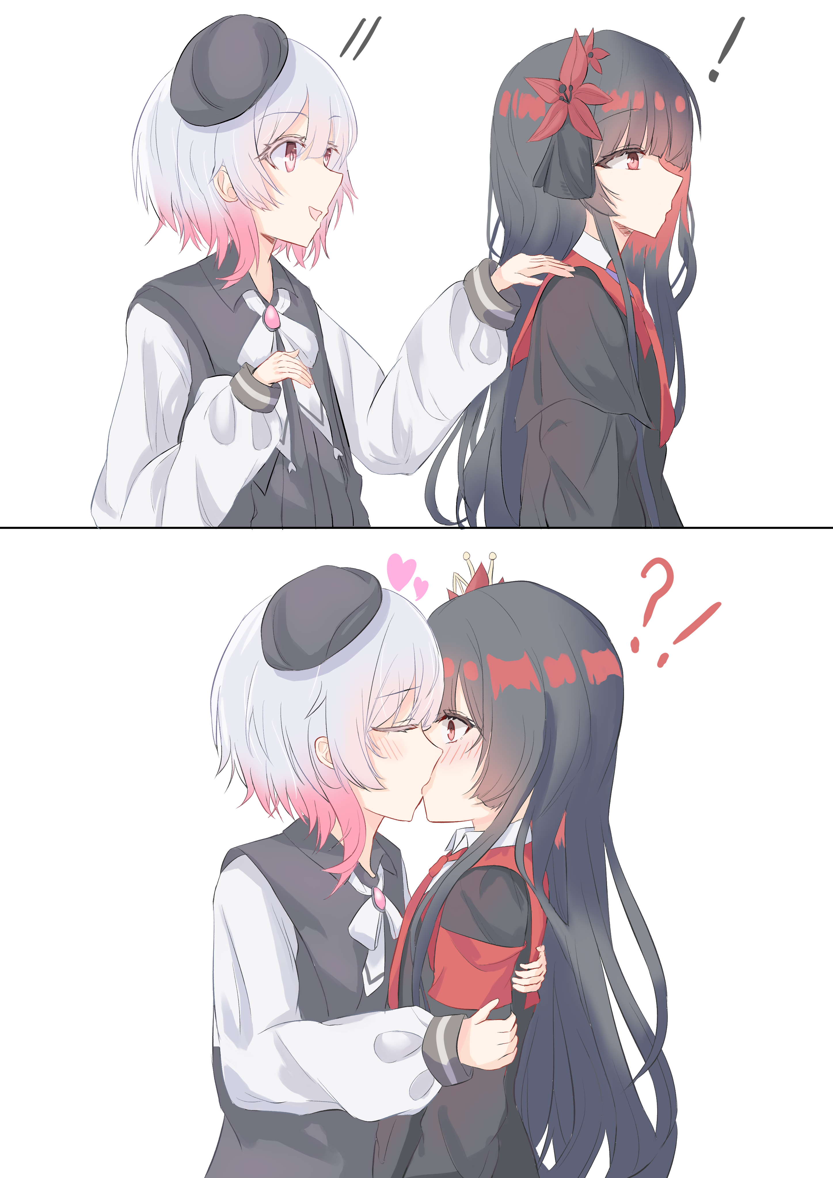 nikaidou hiro, sakuraba ema, mahou shoujo no majo saiban, absurdres, commentary, highres, 2girls, armband, black hair, black shirt, black vest, blush, flower, hair flower, hair ornament, hand on another's shoulder, heart, kiss, long hair, long sleeves, manimani (user gkur4335), multiple girls, neck ribbon, pink eyes, pink hair, red armband, red flower, ribbon, shirt, short hair, simple background, surprise kiss, surprised, vest, white background, white hair, white ribbon, white shirt, yuri