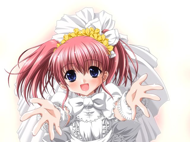 miyama-zero, kishi aimi, princess brave, game cg, jpeg artifacts, non-web source, 1girl, blue eyes, blush, bow, bridal veil, bride, dress, female focus, flower, frills, gradient background, happy, long hair, outstretched arms, outstretched hand, pink hair, reaching, red hair, solo, twintails, veil, wedding dress, wrist cuffs