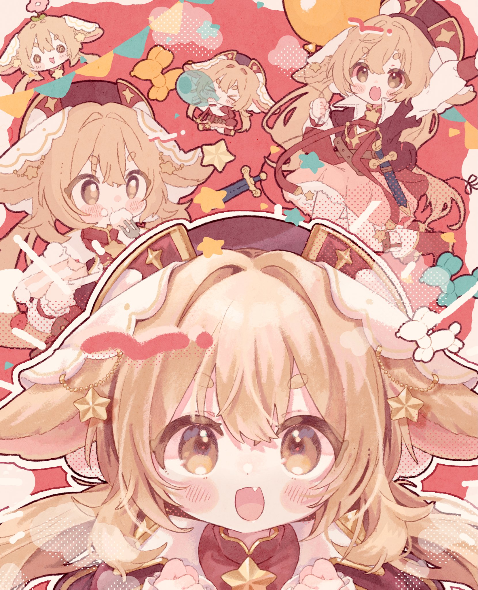 kamizakana iriko, original, commentary request, commission, highres, skeb commission, 1girl, blonde hair, blush, brown eyes, chibi, fang, food, food on face, fork, hat, holding, holding fork, long hair, long sleeves, multiple views, open mouth, pink skirt, red background, red hat, red shirt, shirt, skirt, thick eyebrows