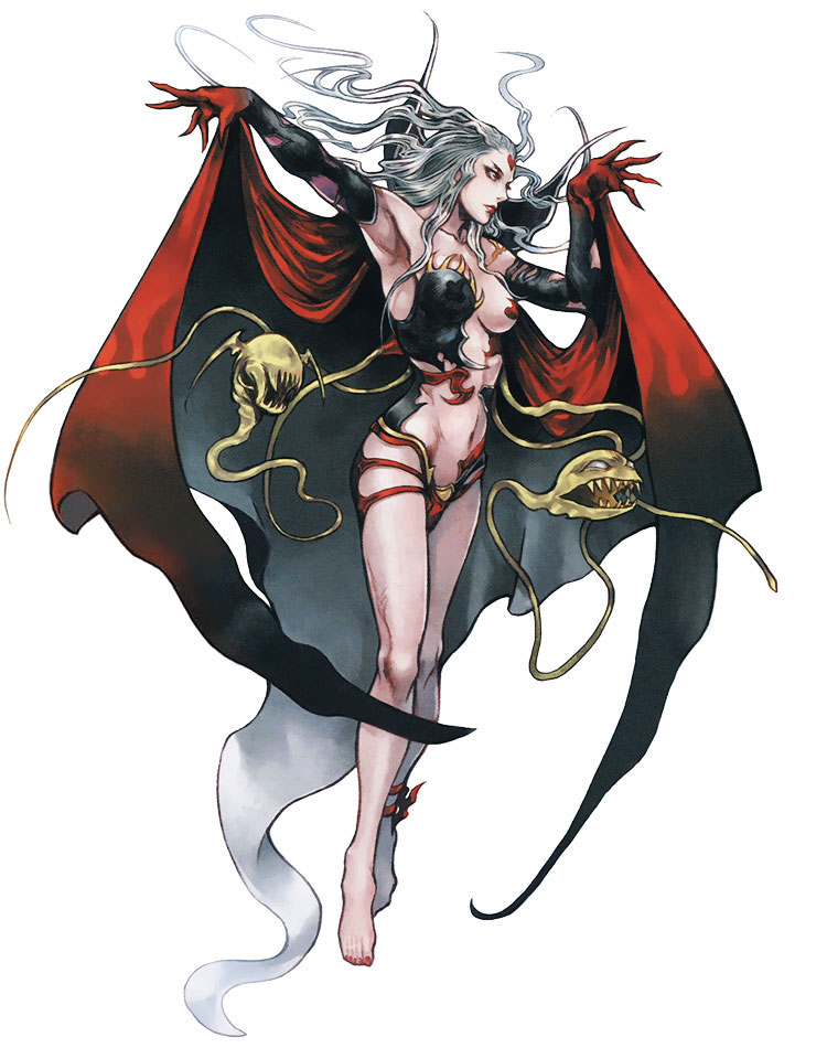 nomura tetsuya, cloud of darkness, dissidia final fantasy, final fantasy, final fantasy iii, official art, 1990s (style), 1girl, aged up, ankle ribbon, armpits, barefoot, cape, female focus, fingernails, leg ribbon, lipstick, makeup, nail polish, retro artstyle, revealing clothes, ribbon, sharp fingernails, simple background, solo, toned, toned female, white hair