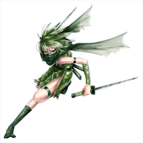 maedathesuper, scyther, nintendo, pokemon, lowres, dual wielding, full body, gen 1 pokemon, green hair, green socks, holding, mask, mouth mask, ninja, personification, pokemon (creature), running, scarf, simple background, socks, solo, thigh strap